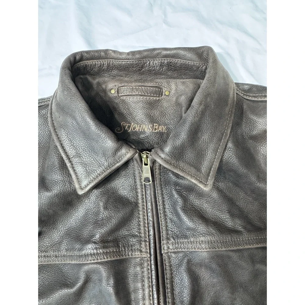 VTG 80s RARE St Johns Bay Brown Leather Jacket XL Flannel‎ Blanket Lined RN93677